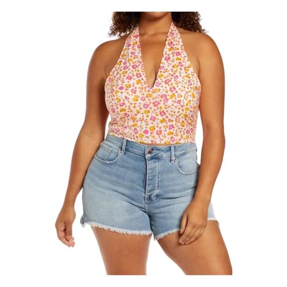 BP Sally Retro Floral Halter Top White Orange Pink V-Neck Smock Back 3X - Picture 1 of 7